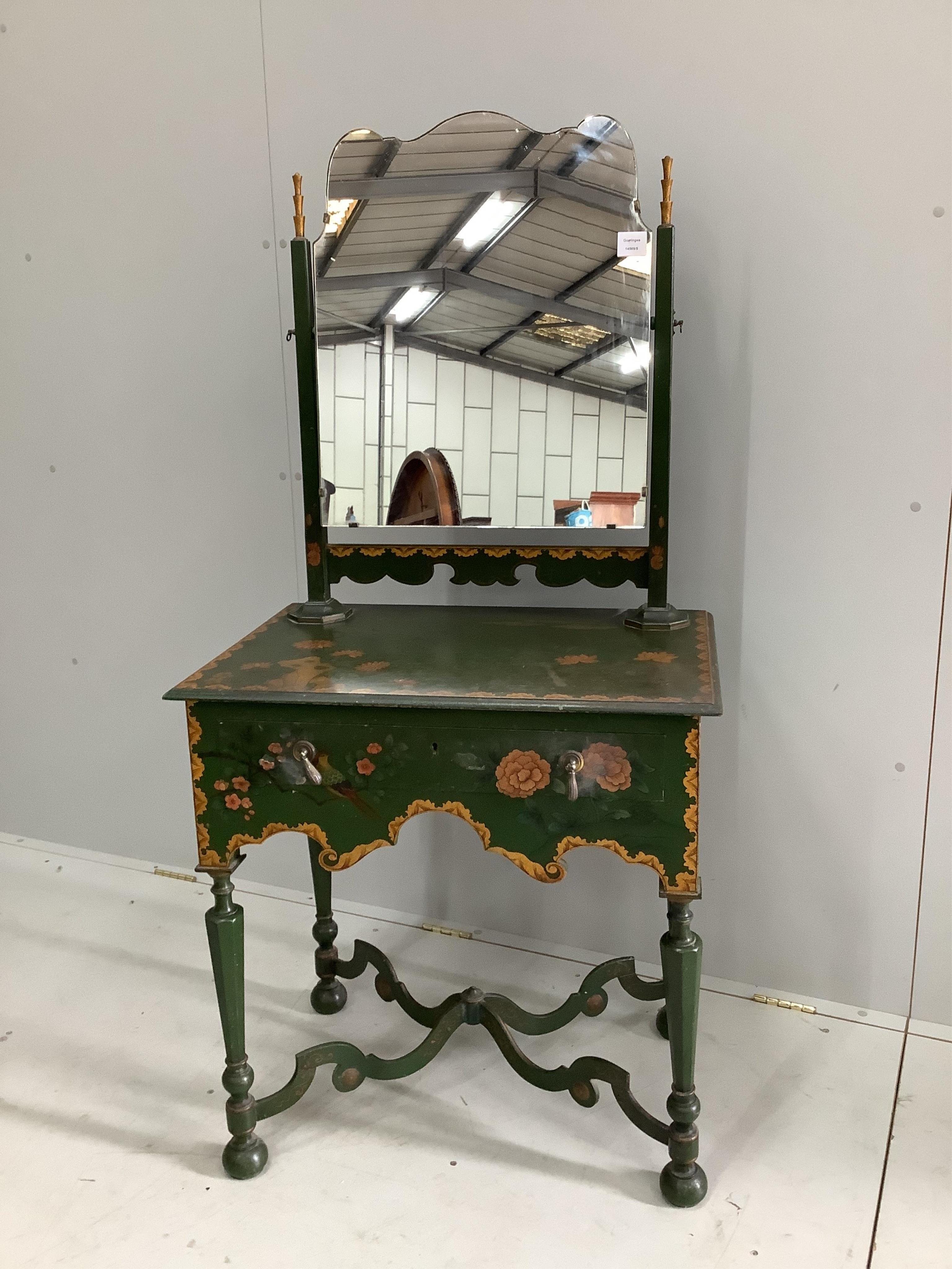 An 18th century style chinoiserie painted dressing table, width 71cm, depth 48cm, height 148cm. Condition - fair
